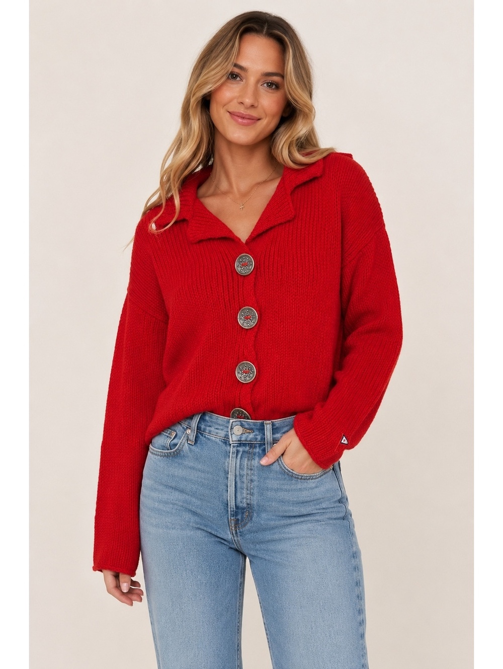 Pure Handknit Red Chunky Knit Cardigan Sweater Statement Buttons L/XL